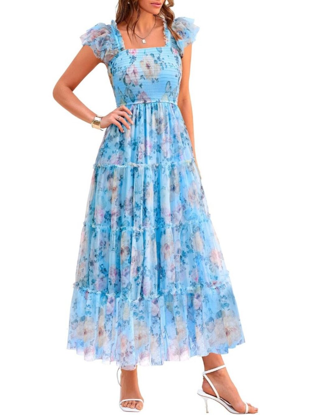 Women's Floral Blue Yellow Summer Smocked Sleeveless Square Neck A Line Midi